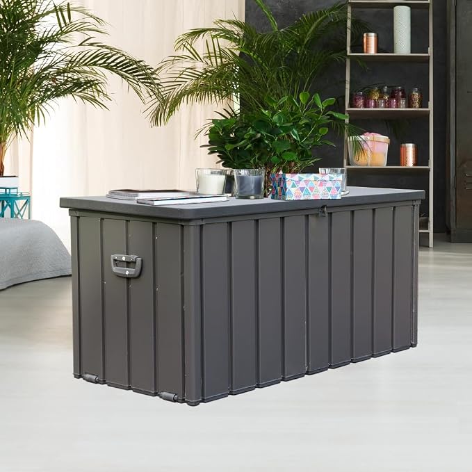 Large 120-Gallon Waterproof Outdoor Storage Box for Patio, Deck, or Poolside – Durable Weather-Resistant Design with Lockable Lid (100 Gallon W/Resin Lid (Dark Gray))