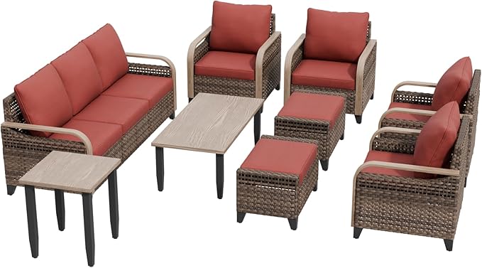 Modern Wicker Patio Furniture Set, Rattan Outdoor Conversation Set, 4 Swivel Rocking Chairs, 3 Seat Couch, 2 Ottomans, Coffee Table and Side Table, 9 Pieces, Brown/Red