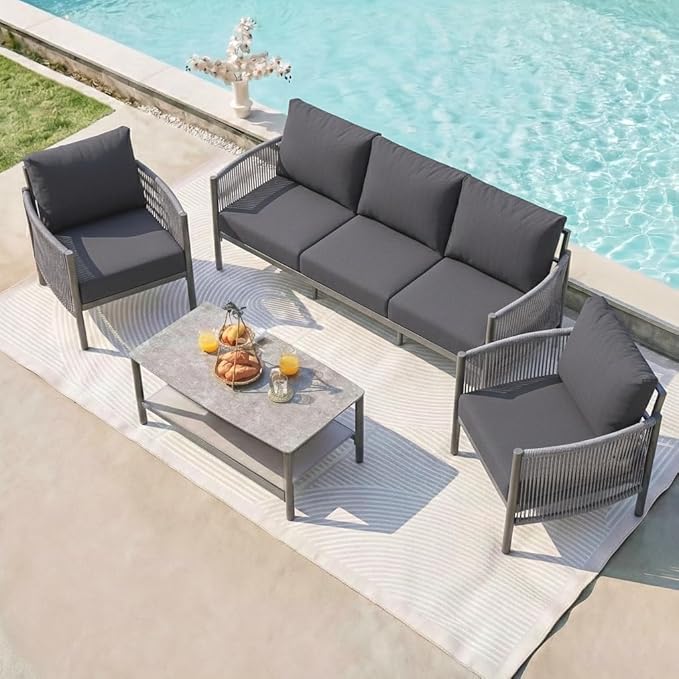 Aluminum Patio Furniture Set, 5 Seats Modern Outdoor Sectional Furniture with PE Rope & Dual-Layer Coffee Table, Luxury Patio Conversation Sets with 6" Cushions for Backyard/Garden, Charcoal