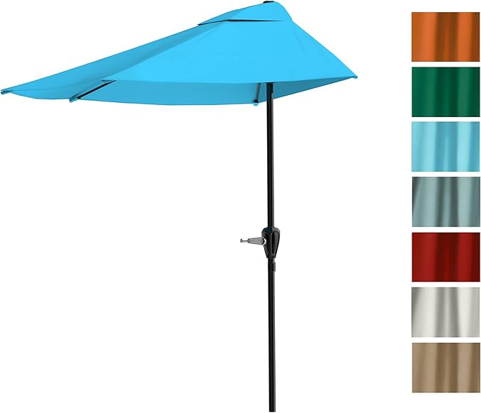 Half Umbrella Outdoor Patio Shade - 9 ft Patio Umbrella with Easy Crank - Small Canopy for Balcony, Table, or Deck by Pure Garden (Blue)