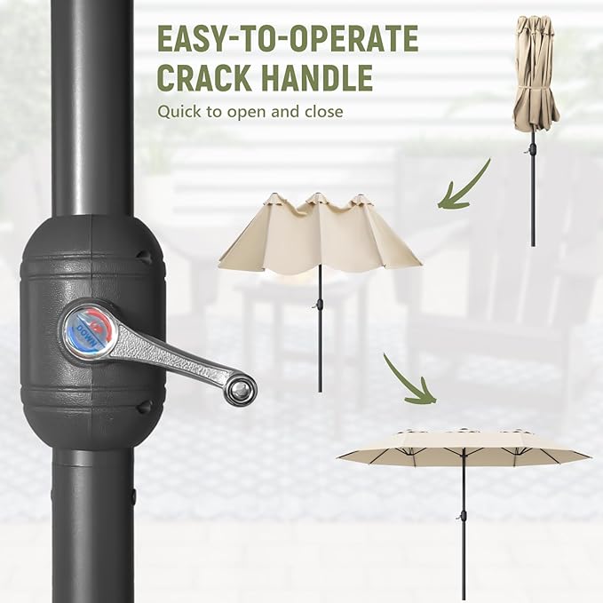 15ft Double-Sided Outdoor Patio Umbrella, Table Umbrellas with Steel Ribs, Easy Crank, Market Umbrella for Backyard & Pool