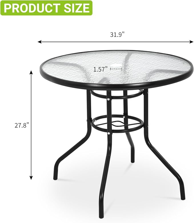 Outdoor Dining Bistro Table 32”Tempered Glass Patio Table, Round Patio Table with Umbrella Hole for Outdoor Dining Bars Garden Lawn Balcony Yard