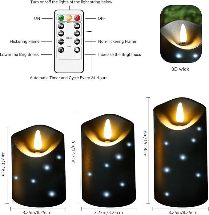 kakoya Outdoor Waterproof Flickering Flameless Candles with Embedded Star String,3Pcs LED Pillar Candles Battery Operated with Remote and Timers for Courtyard,Porch,Camping,Holiday Decoration(Black)