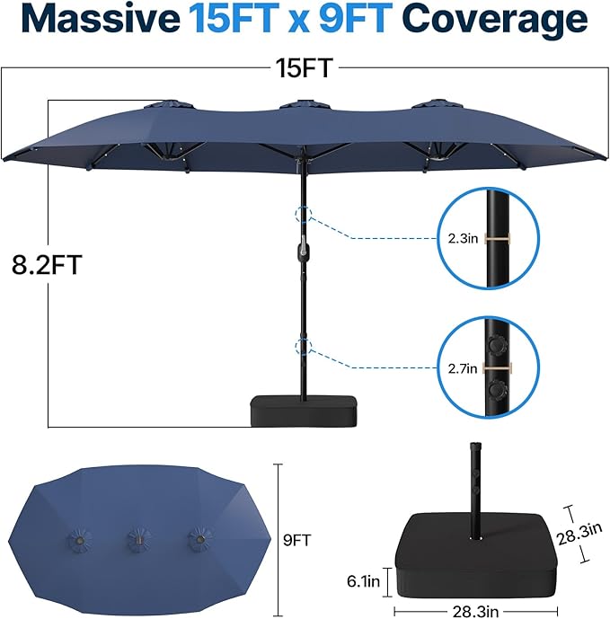 Suteck 15FT Patio Umbrella with Base & Solar Lights Included - Double-Sided Outdoor Large Umbrella with & Crank Handle, UV & Fade Resistant Canopy for Poolside, Backyard, Deck and Market, Dark Blue