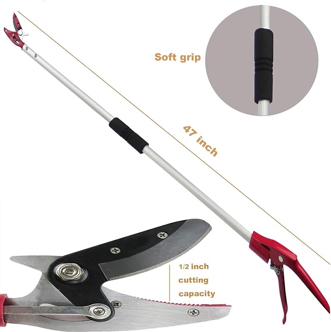 4FT Long Reach Pruner and Fruit Picker with Cut & Hold Feature, Lightweight 1.1lb Aluminum Pole with 90° Rotating Head, High Carbon Steel Sharp Blade, Ergonomic Tree Trimmer for High Branches