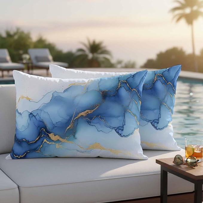 Abstract Marble Texture Outdoor Waterproof Throw Pillow Covers Set of 2, 20"x12", Gold Blue Gradient Modern Art Decoration Decorative Pillow Covers Outside Cushion Case for Patio Porch Garden