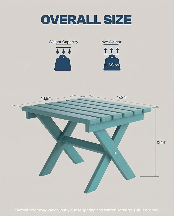 Outdoor Folding Side Table, Lightweight & Space-Saving Design, All-Weather HDPE Material, Realistic Wood-Grain Finish (Aruba Blue,1 Table)