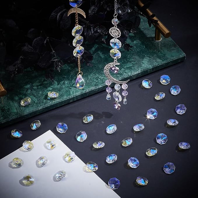 1 Box 120Pcs 14mm Glass Octagon Crystal Beads Crystal Suncatcher Beads with 2 Hole Clear AB Suncatcher Supplies Chandelier Replacement Connector Spacers for DIY Lamp Hanging Pendant Jewelry