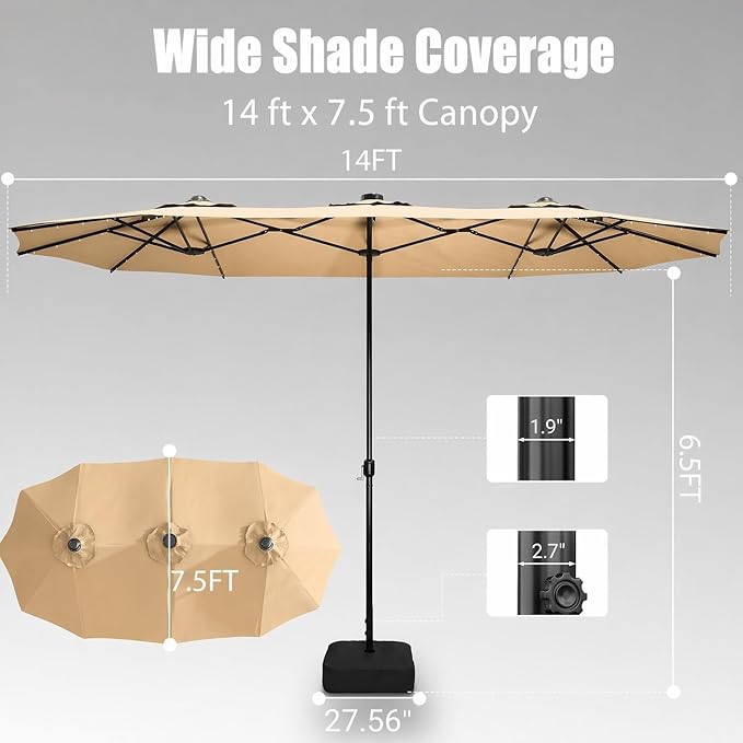15FT Rectangular Twin Patio Umbrella with Base Included, Double-Sided Outdoor Sun Shade with Crank Lift for Backyard, Deck & Lawn, Khaki