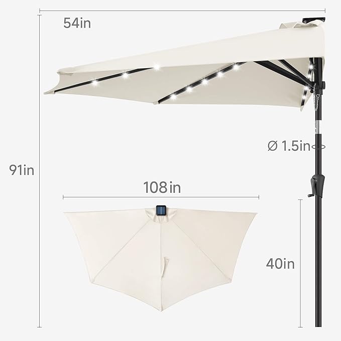 9FT Solar Half Umbrellas Outdoor - LED Half Patio Umbrella with 25 Lights, UV Protection Waterproof, Half Round Umbrella for Wall Balcony, Pool, Porch, Garden, Deck, Backyard, Ivory