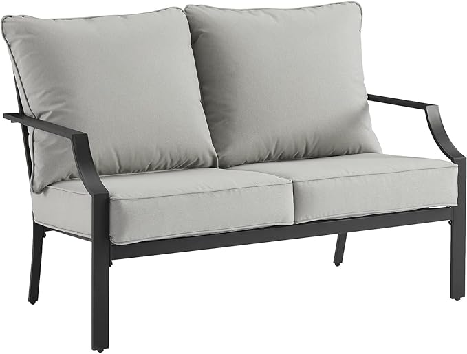 Urban Oasis Outdoor Metal 2-Piece Seating Set (Loveseat, Coffee Table), Matte Black with Gray Cushions - 50 x 72 x 33.25 in, Modern Patio Conversation Sets, Sturdy Steel Construction