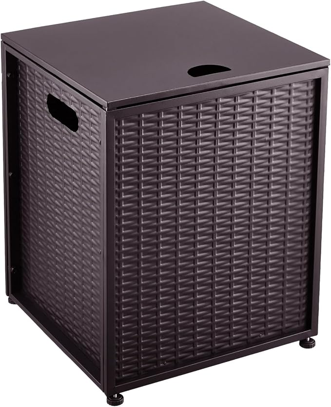 20 LB Propane Tank Cover Table with Side Handles，Sturdy 16 Inch Propane Tank Holder with Adjustable Foot Pads，Outdoor Gas Tank Cover for Patio, Deck & Backyard（Brown）