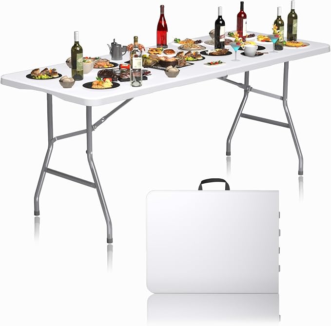 6FT Folding Picnic Table for Outdoor, Portable, White Foldable Table for Camping, Parties, with Carrying Handle (White, 2 Pack)