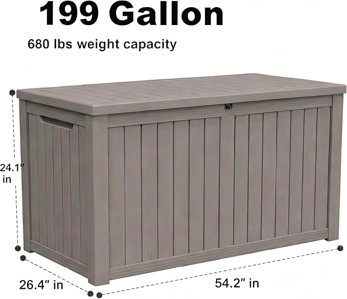 199 Gallon Large Resin Outdoor Storage Box, Waterproof Deck Box with Lockable Lid, Outside Storage Box for Patio Furniture, Pool Accessories, Garden Tools, Storage Bench for Backyard Porch,Gray Coffee