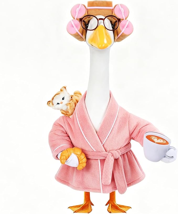 GJL Lady Porch Goose Outfits Bathrobe for 23 Inch Plastic Cement Lawn Goose Statue,Porch Goose Robe Costume with Curlers Glasses Coffee Cup Bread Cute Cat for Spring Summer Yard Garden Patio Decor