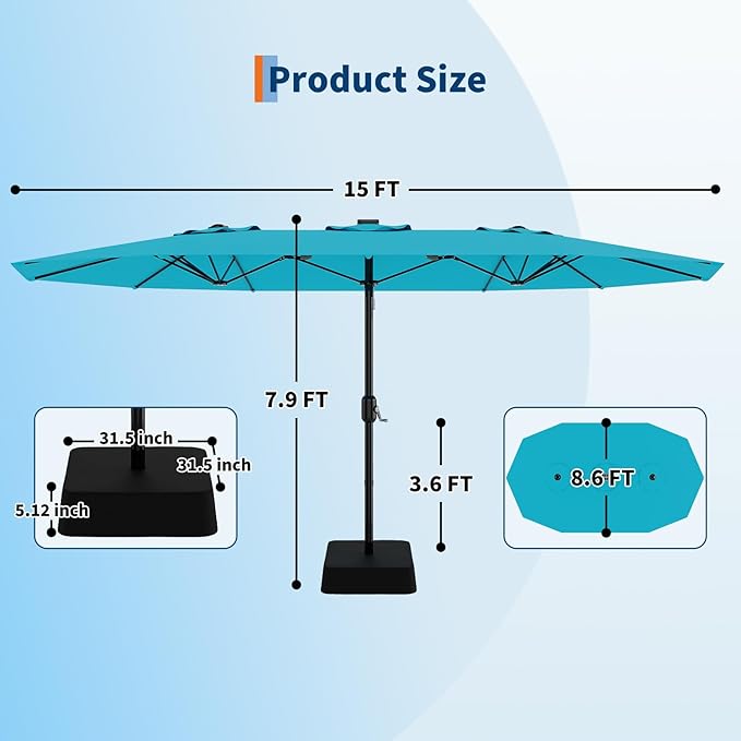 KYBOLT 15 Ft Large Patio Umbrella with Base Included, Outdoor Double-Sided Rectangle Umbrella with Crank Handle, Outdoor Umbrella for Backyard, Pool, Patio,