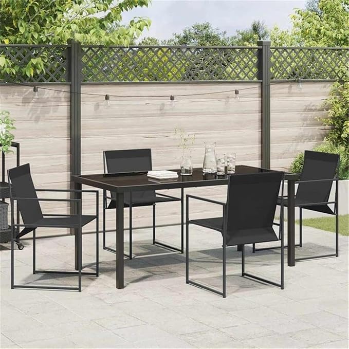 Afuera Living 5 Piece Patio Dining Set, Powder-Coated Steel Frame, Black Finish, UV-Resistant Textilene Seats, Rectangular Table, Modern Minimalist Garden Furniture for Outdoor Terrace or Backyard