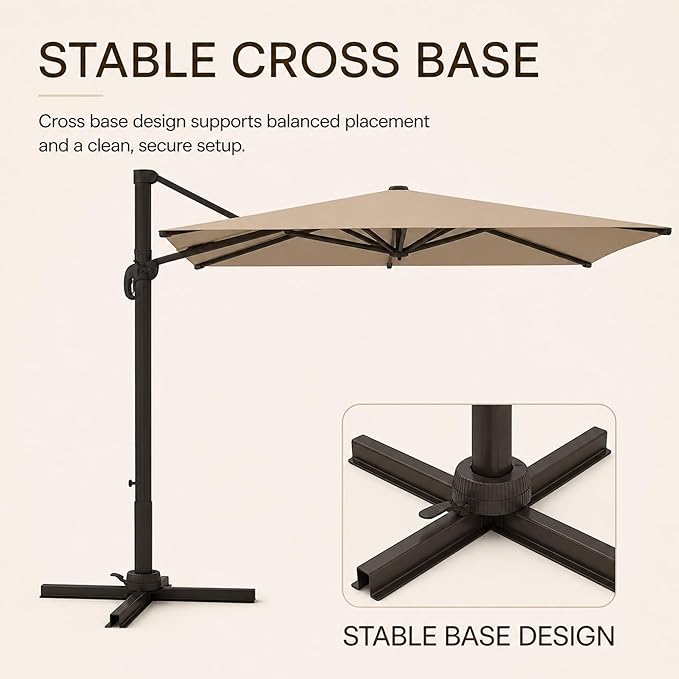 Kingdura 10x10 FT Cantilever Patio Umbrella with Base Included, Large Square Offset Outdoor Pool Umbrella, 360° Rotation & Infinite Tilt, Heavy Duty Aluminum Frame for Deck Backyard, Beige