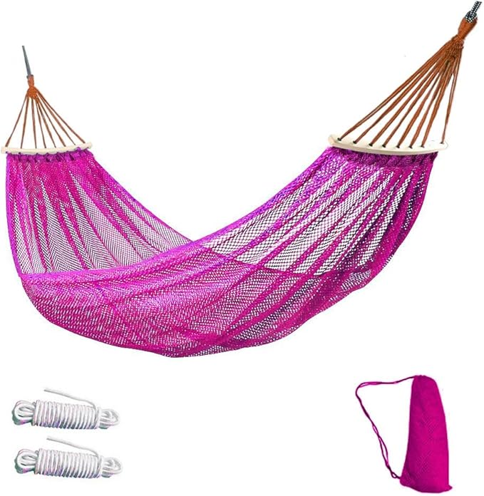 Portable Hammock Chair Swing, Super Soft Breathable Nylon Mesh Hammock Tent Camping Backyard Patio，Heavy Duty Hanging Swing for Indoor Outdoor (Pink, with Wooden Support)