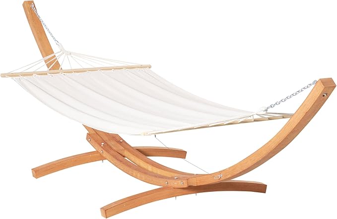 Outsunny Outdoor Hammock with Stand, Extra Large Heavy Duty Wooden Frame, No Tree Needed, 12.8' Indoor Outside Boho Style Nap Bed, Natural Cotton, White