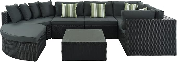 LUMISOL 7-Piece Patio Sofa Set, 93.5" Large Outdoor Half-Moon Sectional Sofa with Curved Ottoman & Coffee Table, Wicker Patio Conversation Set with Cushions for Backyard, Garden, Green Grey