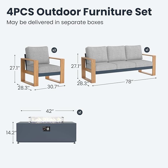 4 Pieces Aluminum Patio Furniture Set, Outdoor Conversation Sets with High Backrest Sofa and Fire Pit Table for Garden and Backyard