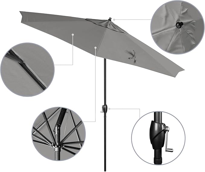 California Umbrella 12-Year Protection 9' Rd Aluminum Patio Umbrella, Crank Lift, Auto Tilt, Black Finish, Sunbrella Granite