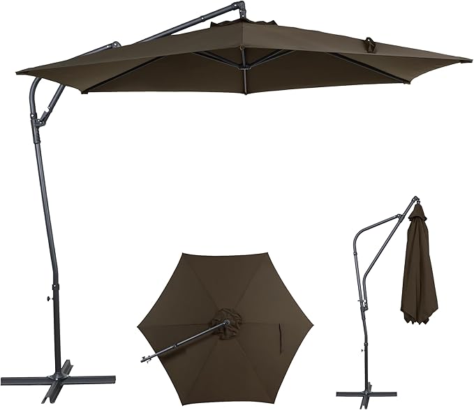 10FT Offset Patio Umbrella, Cantilever Hanging Umbrella with Infinite Tilt, Fade-Resistant Water-Repellent Canopy & Cross Base for Yard, Garden & Deck