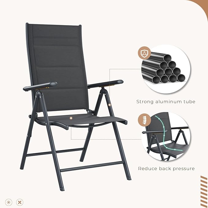 BUPPLEE 9-Piece Outdoor Dining Set with 8 Padded Aluminum Foldable Chairs & Rectangular Table with Umbrella Hole - Patio Furniture for Backyard, Balcony, Poolside