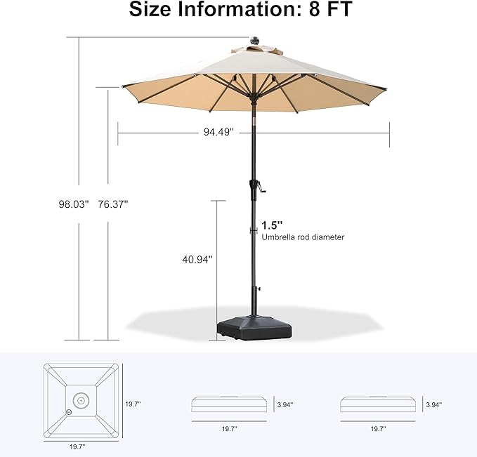 PURPLE LEAF 8' Round Patio Market Umbrella with Base Outdoor Table Umbrellas Aluminum Frame Sun Shade with 8 Sturdy Ribs Tilt for Garden Deck Lawn Pool Beige
