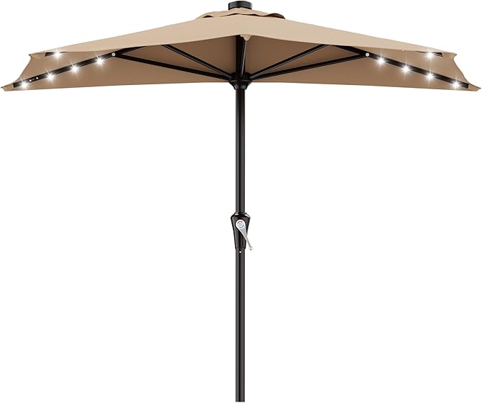 AreShark 9ft Patio Half Umbrellas with Solar Lights, 1/2 LED Half Outdoor Umbrella w/ 20 LED Lights, Lighted Table Wall Umbrella with Crank & 5 Sturdy Ribs for Market, Pool, Deck, Lawn and Garden, Beige