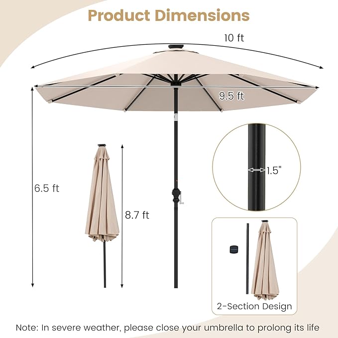Tangkula 10 FT Solar Patio Umbrella, Outdoor Market Table Umbrella with 96 Multi-Colored Flowing LED Lights, 9 Modes, Tilt Adjustment, Crank Handle, 8 Ribs, Vented Top for Backyard Poolside Deck Lawn