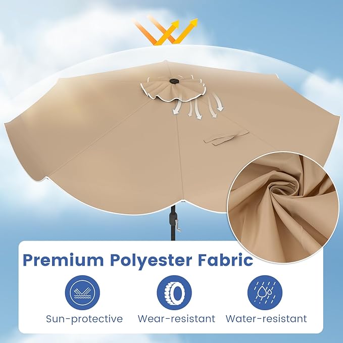 Tangkula 10 FT Solar Patio Umbrella, 2-Tiers Outdoor Scalloped Table Umbrella with 24 LED Lights, Tilt Adjustment, Crank, 8 Ribs for Market Backyard Pool Deck Beach Lawn (Tan)