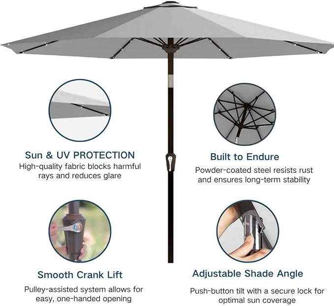 9' Solar LED Patio Umbrella with Tilt & Crank|8 Sturdy Ribs,UV Protection,Outdoor Market Table Umbrella for Deck,Lawn,Pool,Backyard(Light Gray)