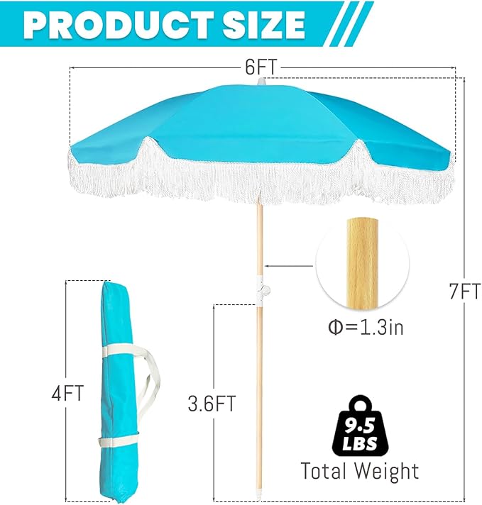 Lefedrasticity Boho Outdoor Umbrella with Tassels,6ft Table Umbrella Outdoor Patio with Knobs Tilt,Wind Resistant Portable Beach Umbrella UPF50+ Fringe Umbrellas For Pool Backyard Deck Garden