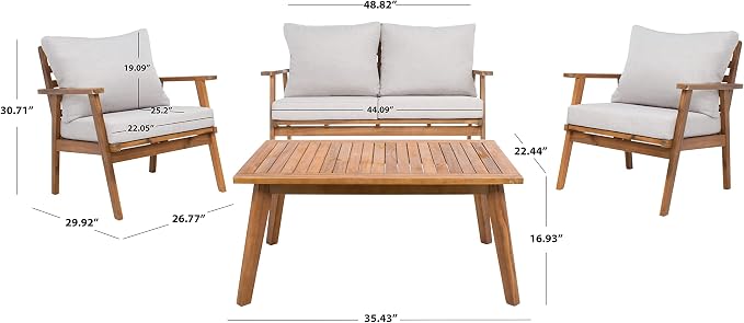 SAFAVIEH PAT7305E-2BX Collection Castalia Acacia Wood Cushion 4-Piece Conversation Patio Outdoor Living Set, Natural/Light Grey