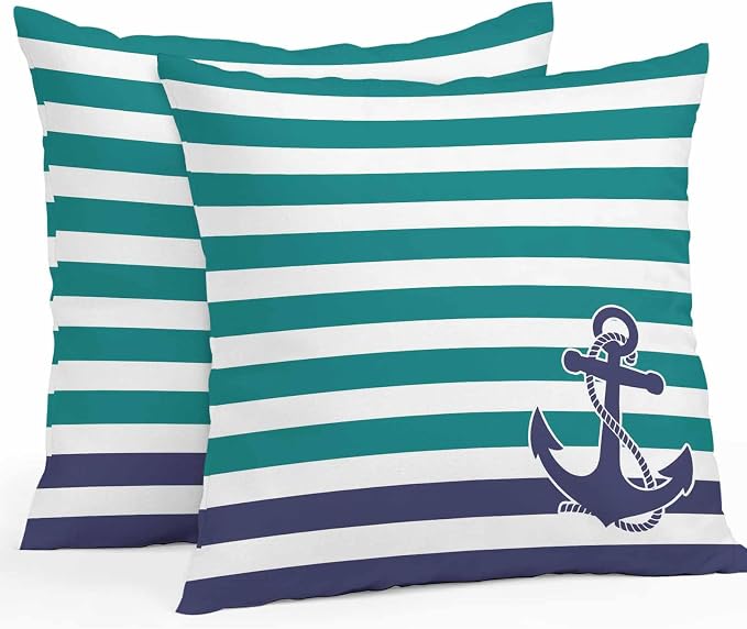 Throw Pillow Covers 18x18 Inch Set of 2, Anchor Teal Waterproof Outdoor Cushion Covers, Modern Navy Blue White Striped Nautical Decorative Pillowcases for Couch, Sofa, Bed, Garden, Patio