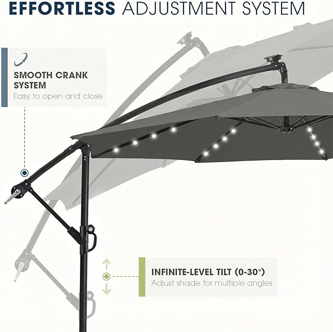 wikiwiki 10ft Solar LED Offset Patio Umbrella, Outdoor Cantilever Patio Umbrellas with Solor Lights for Backyard, Poolside and Garden, Easy Tilt Adjustment, 32 LED Lights & Polyester Shade, Dark Gray