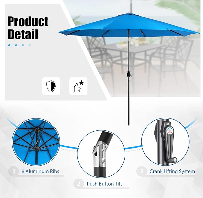 Crownland 5 Piece Outdoor Dining Set, Patio Metal Dining Sets, 4 Stackable Metal Chairs and Square Outdoor Dining Table with Sky Blue 9FT Round Outdoor Umbrella, for Backyard, Garden (Classic Black)
