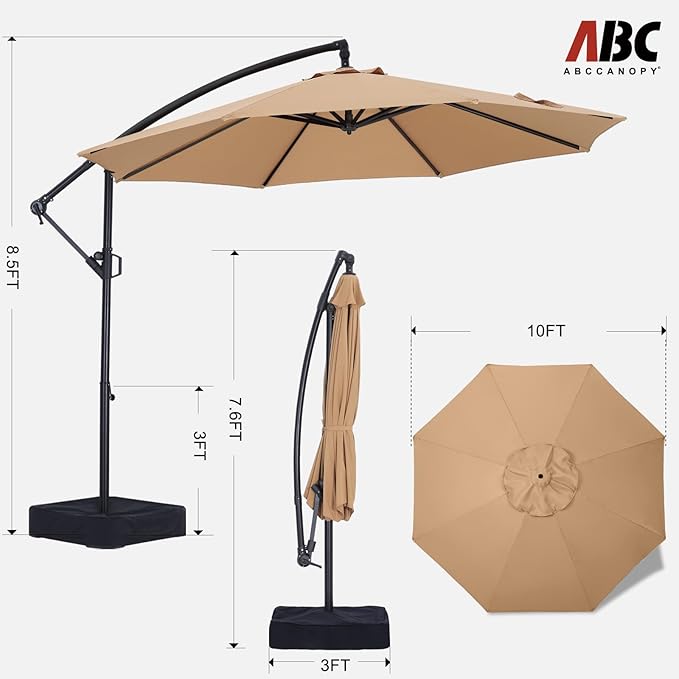 ABCCANOPY 10FT Cantilever Patio Umbrella with base included, 360° Rotation Outdoor Offset Umbrella Bonus Fix Frame & Weights Bag for Backyard, Deck, Poolside (Khaki)