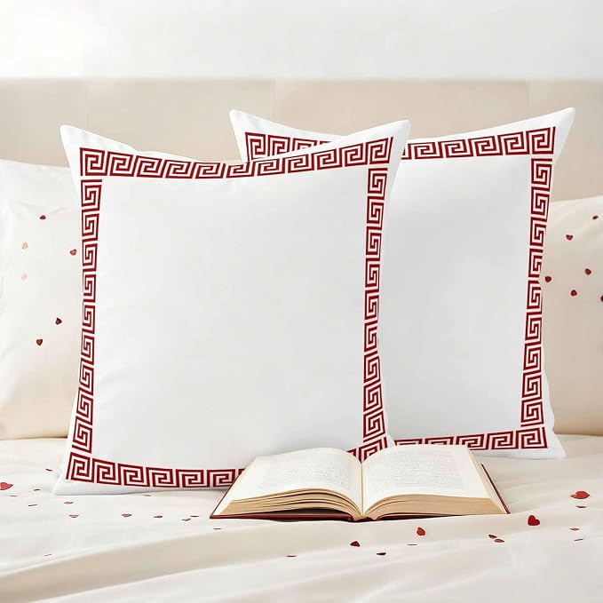 Outdoor Pillow Covers Set of 2, Greece Abstract Inspired Key Pattern Decorative Throw Pillow Covers 18X18IN, Red Twist Lines on White Throw Pillows Protector Cushion Case for Patio,Couch,Sofa,Garden