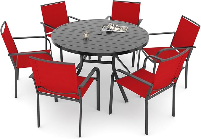 Anmutig 7-Piece Outdoor Dining Set, 48'' Round Table with 6 Stackable Chairs All Weather Furniture Set - Cherry Red