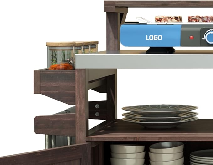 RUNNA Outdoor Kitchen Island with Raised Shelf,Solid Wood Storage Cabinet with Stainless Steel Top,Outdoor Rolling Grill Cart with Internal Storage Rack, Adjustable Shelf,Spice Rack (Brown#028)