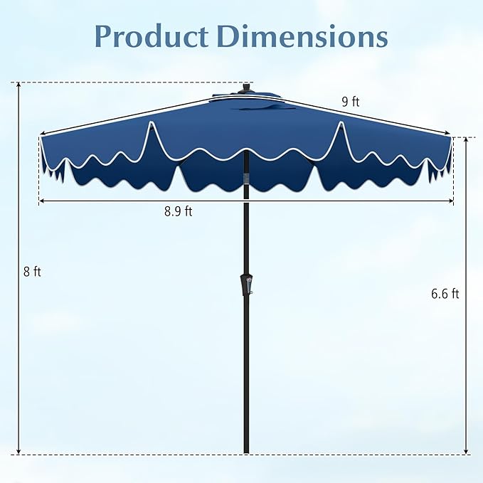 Tangkula 9Ft Patio Umbrella with Crank, 2-Tier Outdoor Umbrella with Push Button Tilt, Sun-Protective Canopy, 8 Ribs, Scalloped Patio Umbrella for Outdoor Beach Deck Pool Table (Blue)