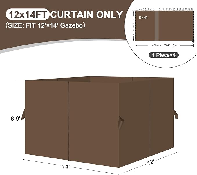 Aoodor 12x14 ft Outdoor Gazebo Curtains, 4 Panels Waterproof Privacy Sidewall Replacement with Zipper for Patio Pergola and Canopy, Brown