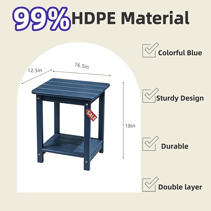 Adirondack Square Outdoor Side Table,2-Tier Storage Patio Side Table with Weatherproof HDPE Material Low