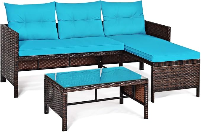 3 Pieces Rattan Sectional Sofa Set, Patio Wicker Rattan Conversation Set with Chaise Lounge, Love Seat & Coffee Table, Patio Furniture Set for Garden, Lawn, Poolside (Turquoise)