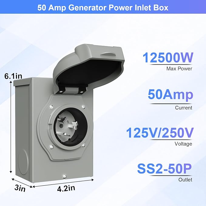 50 Amp Generator Inlet Box Pre-Drilled, NEMA SS2-50P 30A 125V/250V Generator Power Inlet Box for 3 Prong Generator Cord ETL Listed, Waterproof Dust Proof for Outdoor Use