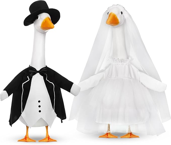 Geyoga 2 Sets Wedding Porch Goose Outfits for 23'' Goose Couple Bridegroom Suit Blazer Bride Wedding Dresses Couple Costume(Classic Style)