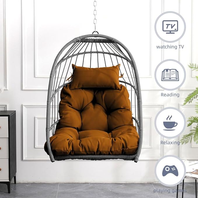 Hanging Egg Chair Without Stand – Foldable Rattan Wicker Swing Chair with Cushion & Headrest, 350lbs Capacity, Ceiling/Tree Mount Kit Included for Indoor Outdoor Use,Brown